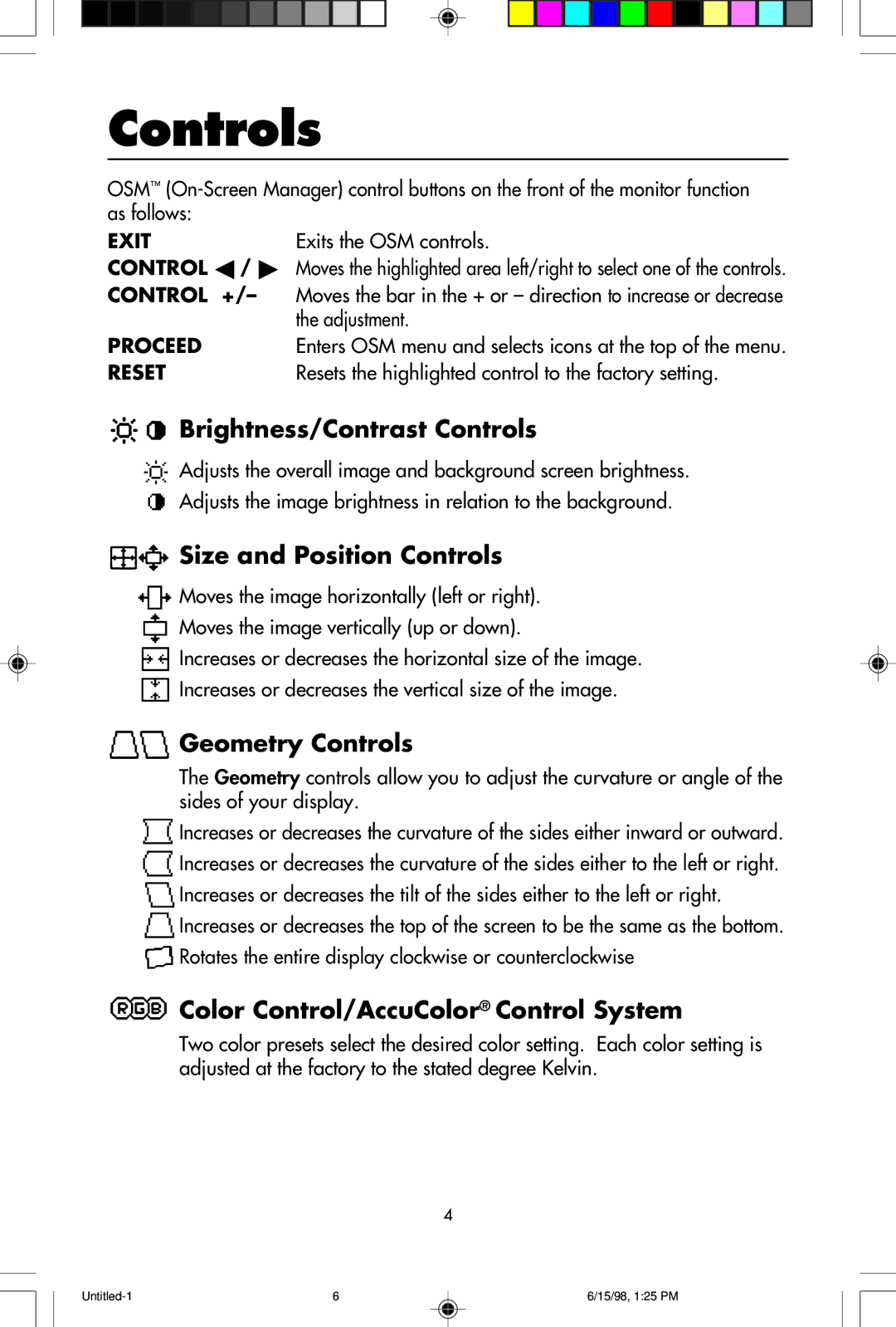 NEC JC-1941UMA user manual Controls, Adjustment, Resets the highlighted control to the factory setting 