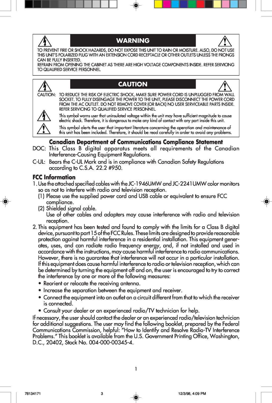 NEC JC-1946UMW, JC-2241UMW user manual Canadian Department of Communications Compliance Statement, FCC Information 