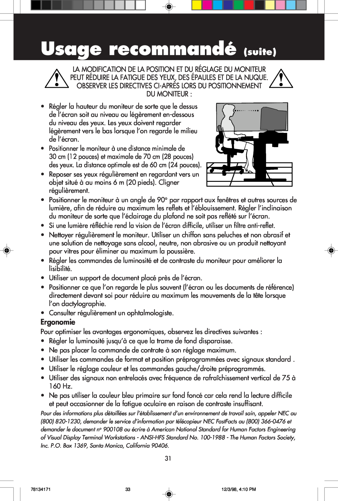 NEC JC-1946UMW Usage recommandé suite, Observer Les Directives Ci-Après Lors Du Positionnement Du Moniteur, Ergonomie 