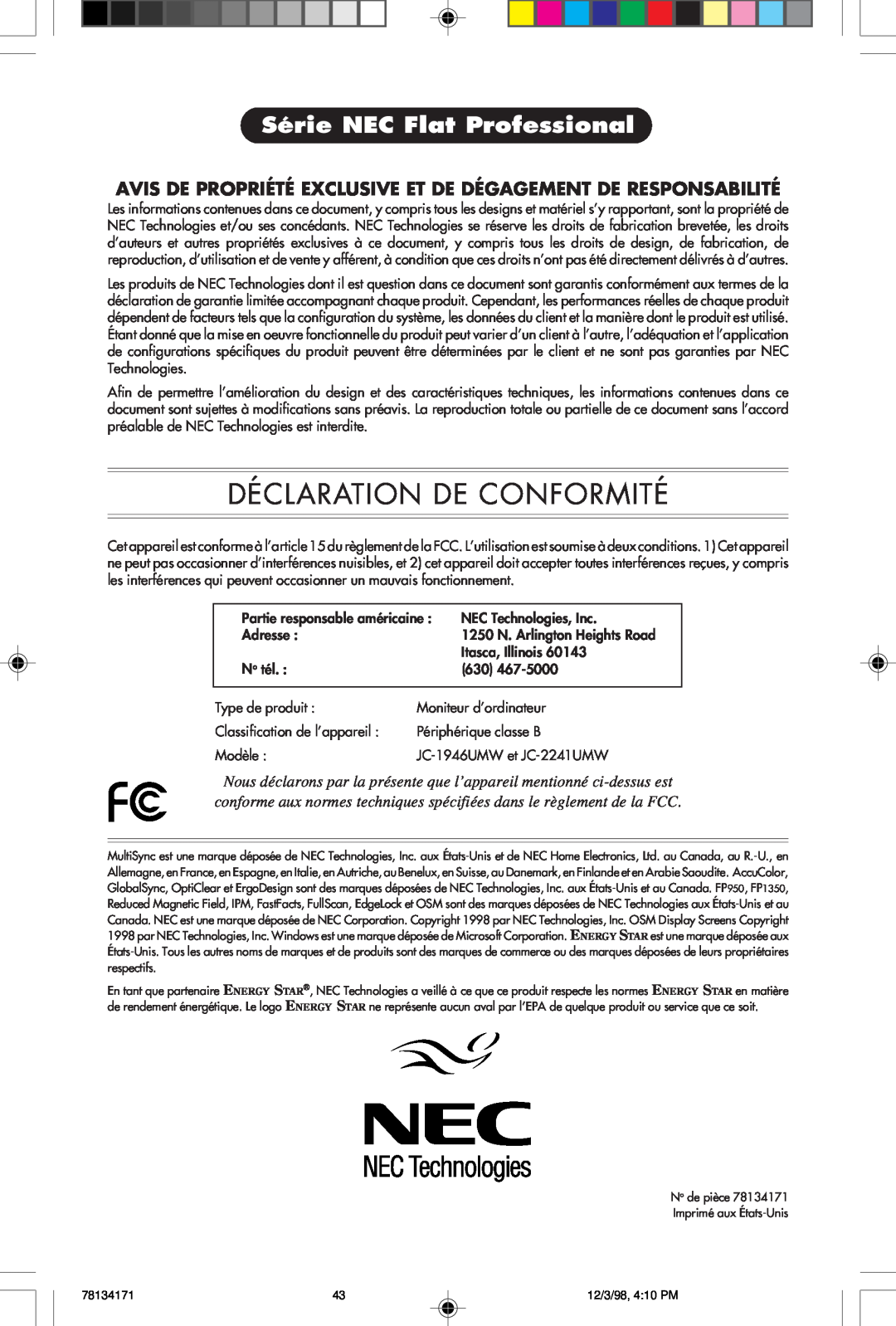 NEC JC-1946UMW, JC-2241UMW user manual Déclaration De Conformité, Série NEC Flat Professional 