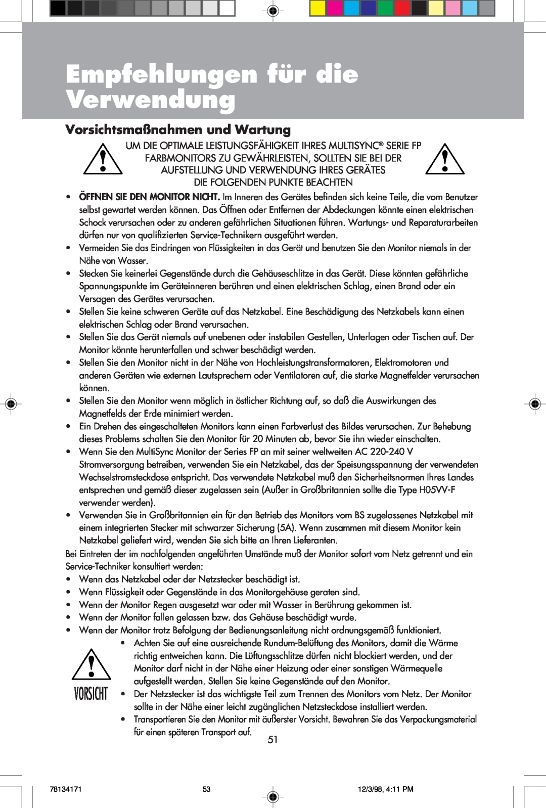 NEC JC-1946UMW, JC-2241UMW user manual Empfehlungen für die Verwendung, Vorsichtsmaßnahmen und Wartung 