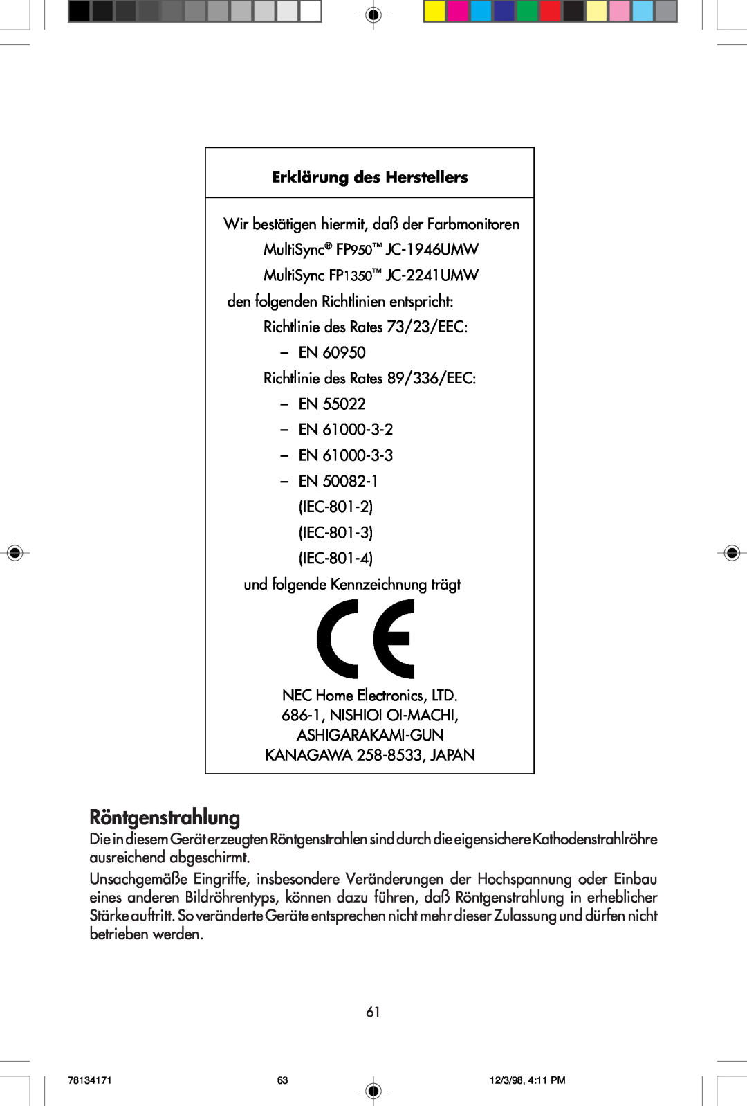 NEC JC-1946UMW, JC-2241UMW user manual Röntgenstrahlung, Erklärung des Herstellers 