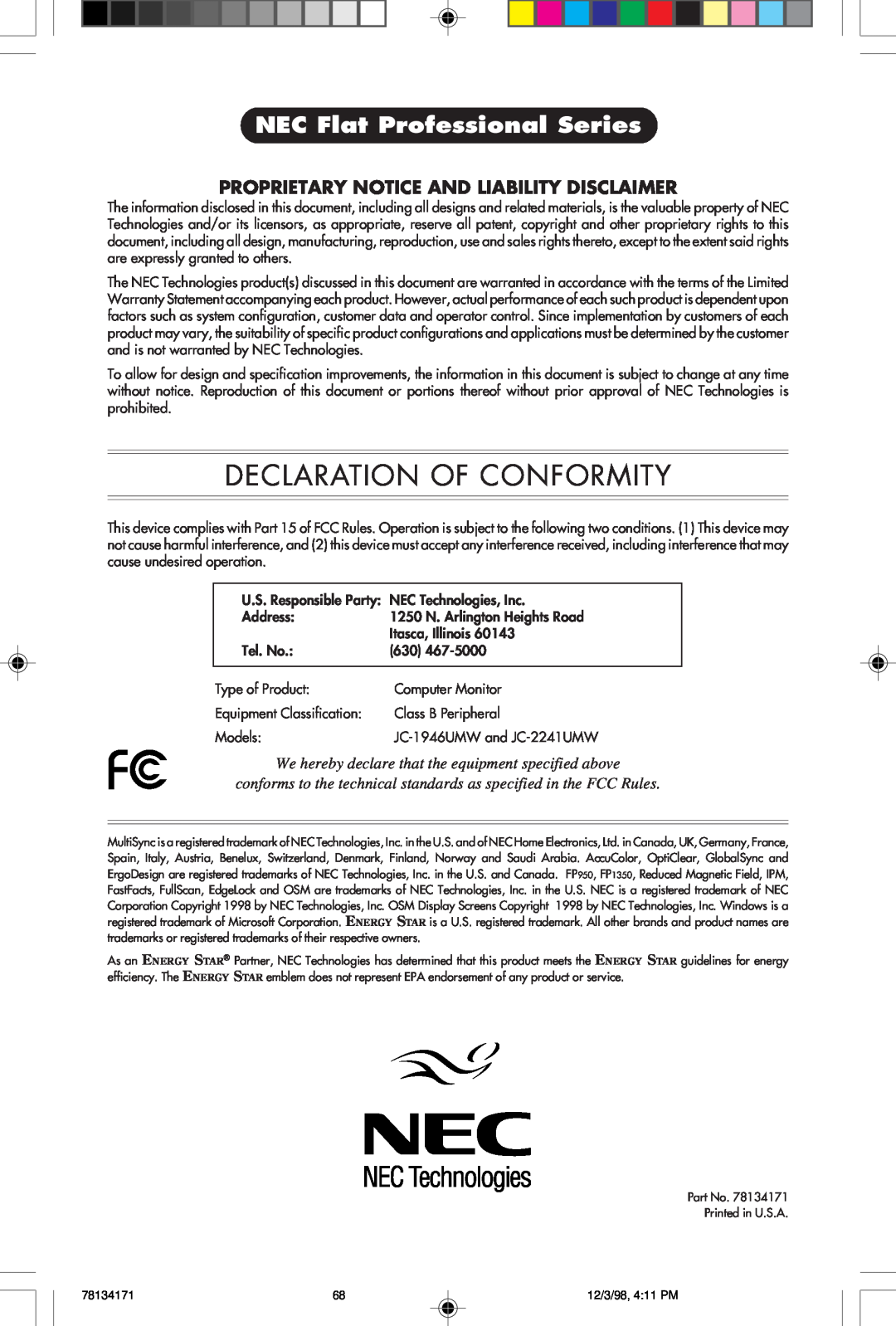 NEC JC-2241UMW Declaration Of Conformity, NEC Flat Professional Series, Proprietary Notice And Liability Disclaimer 
