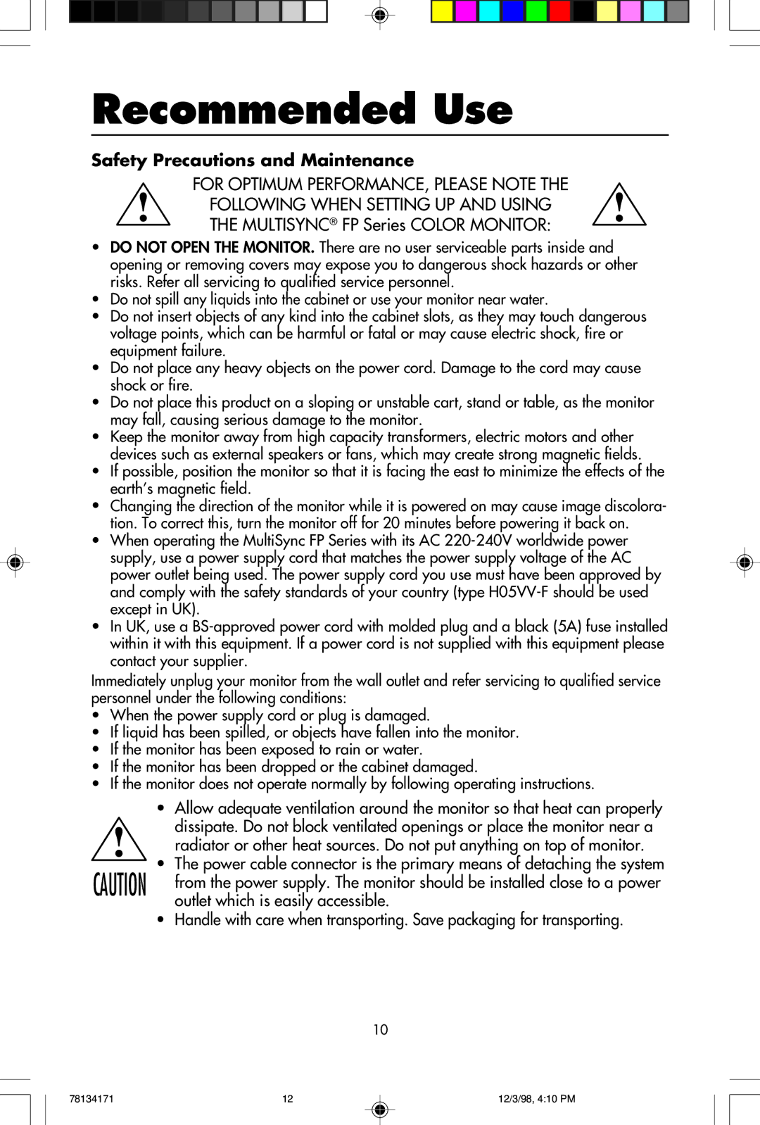 NEC JC-2241UMW, JC-1946UMW user manual Recommended Use, Safety Precautions and Maintenance 