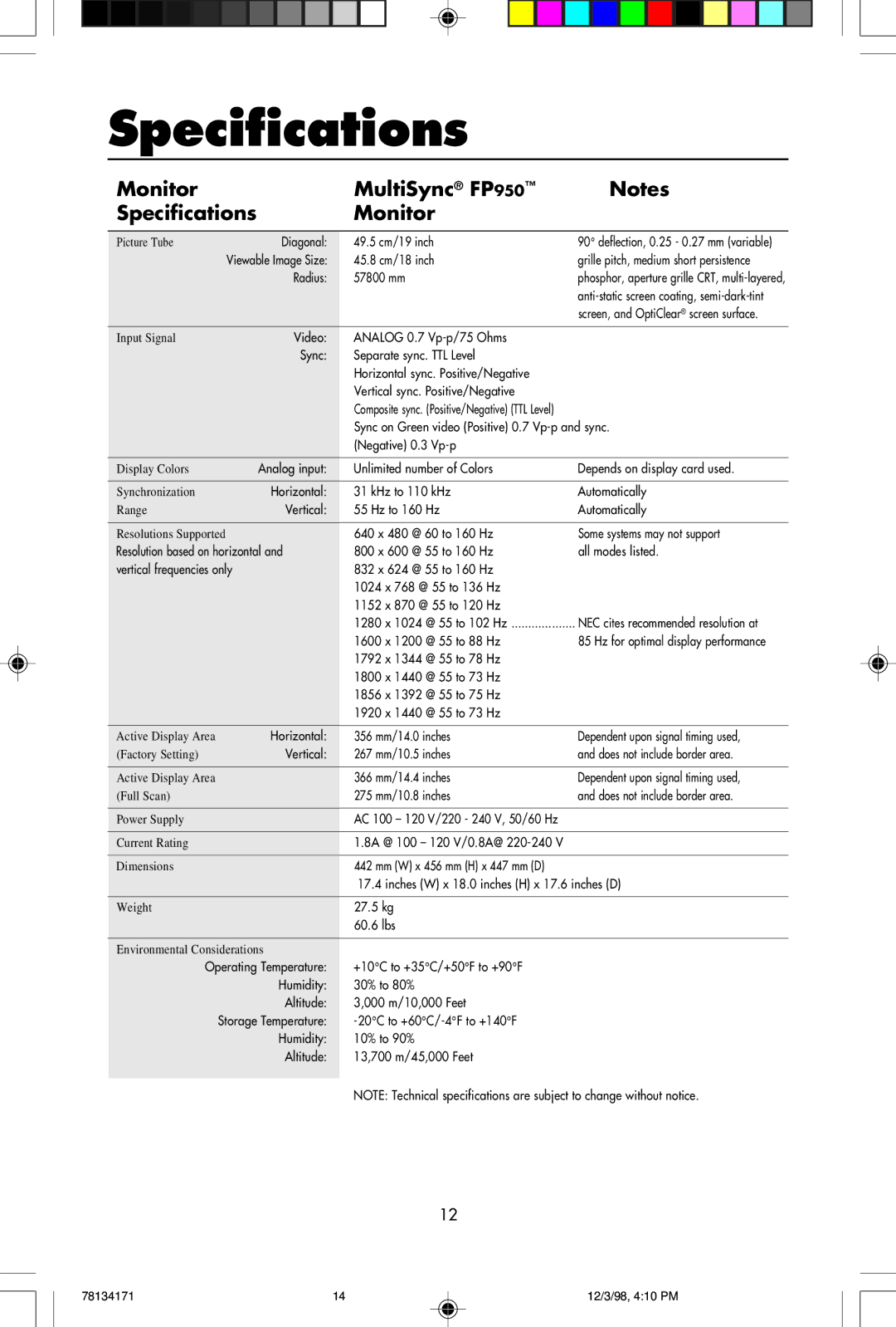 NEC JC-2241UMW, JC-1946UMW user manual Monitor MultiSync FP950 Specifications 