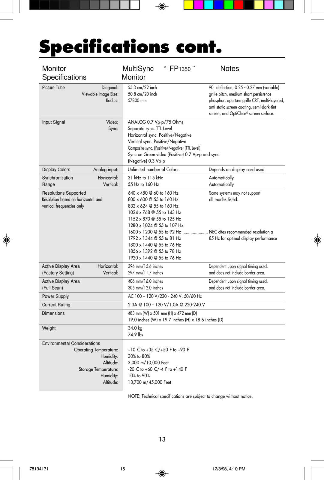 NEC JC-1946UMW, JC-2241UMW Monitor MultiSync FP1350 Specifications, 305 mm/12.0 inches Does not include border area 