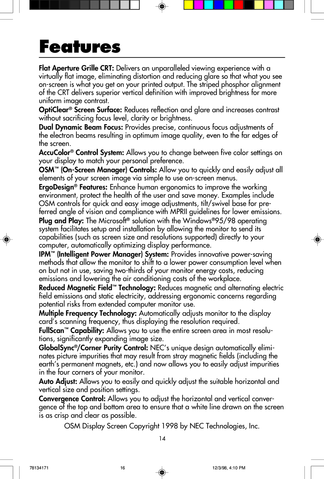 NEC JC-2241UMW, JC-1946UMW user manual Features 