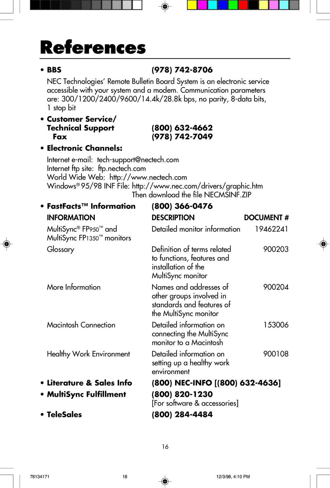 NEC JC-2241UMW, JC-1946UMW user manual References, 978, FastFacts Information 800 