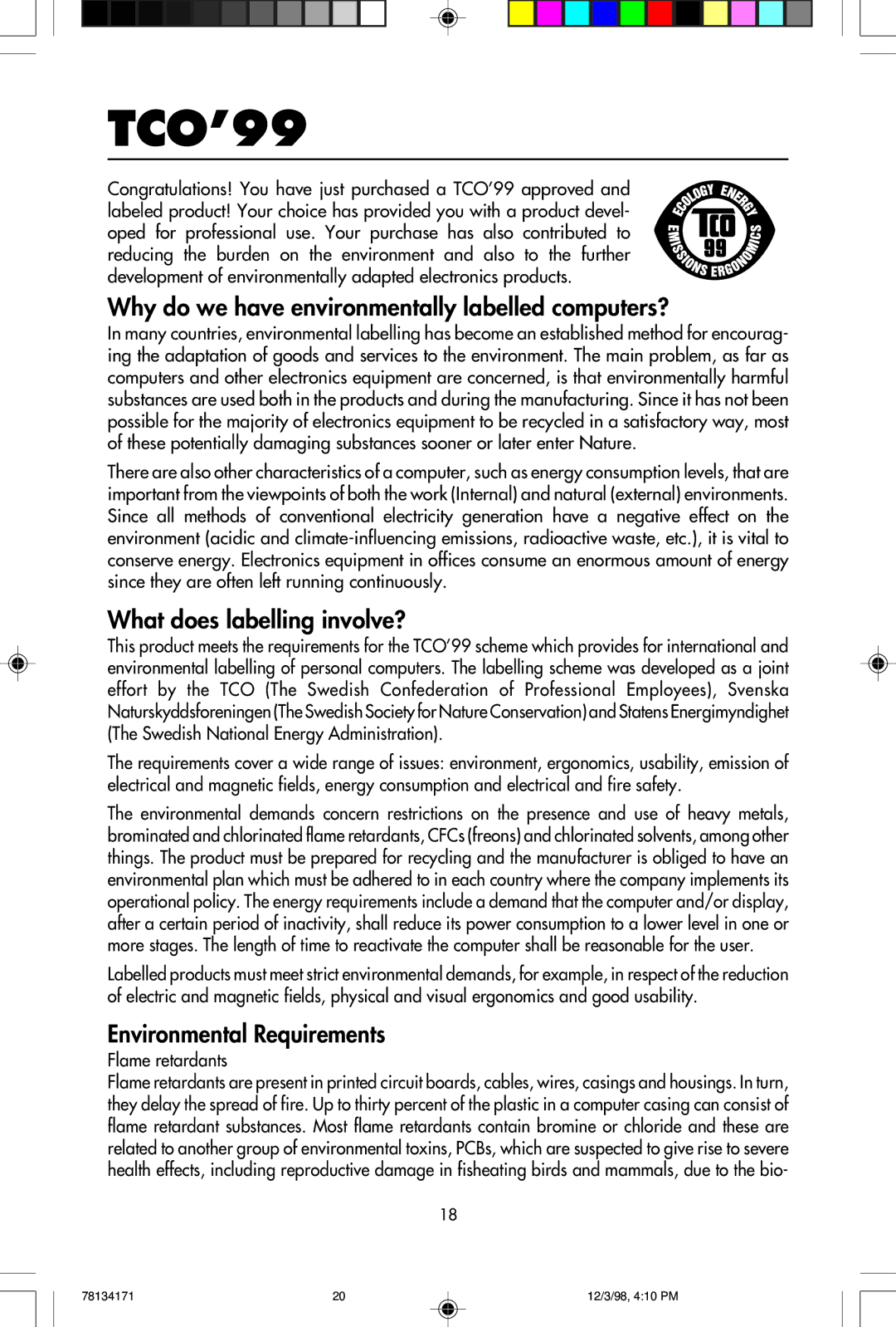 NEC JC-2241UMW, JC-1946UMW user manual TCO’99, Why do we have environmentally labelled computers? 