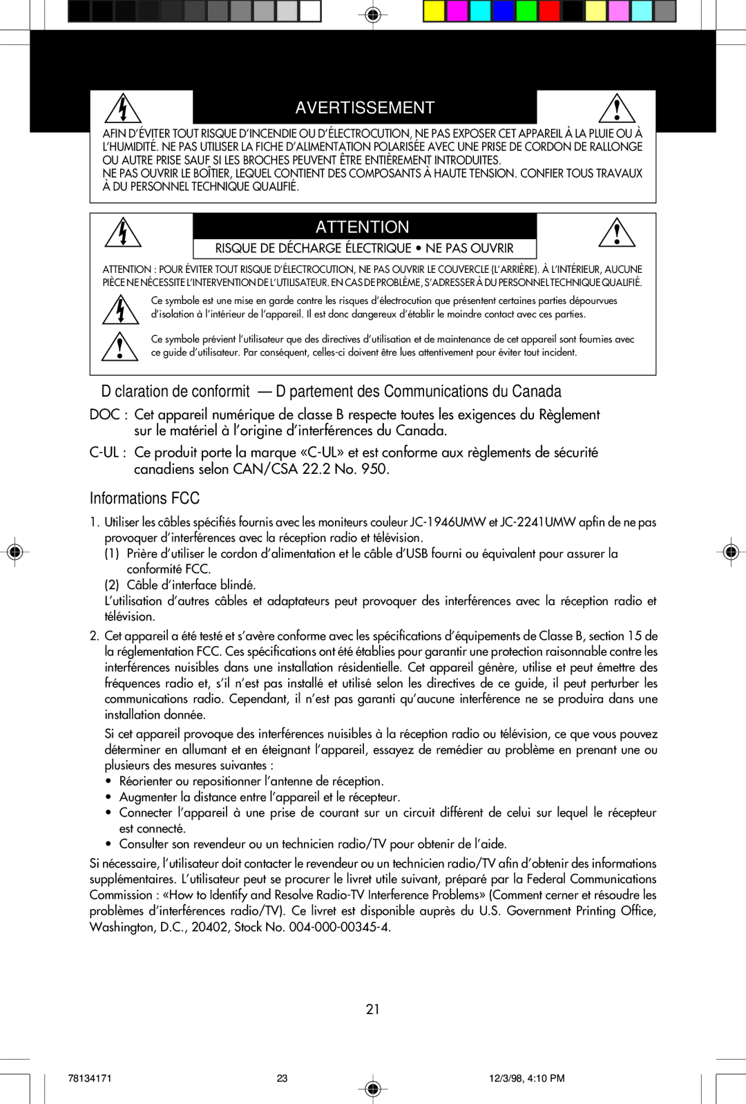 NEC JC-1946UMW, JC-2241UMW user manual Avertissement, Informations FCC 