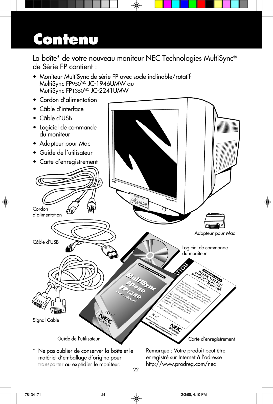 NEC JC-2241UMW, JC-1946UMW user manual Contenu, Guide de l’utilisateur 