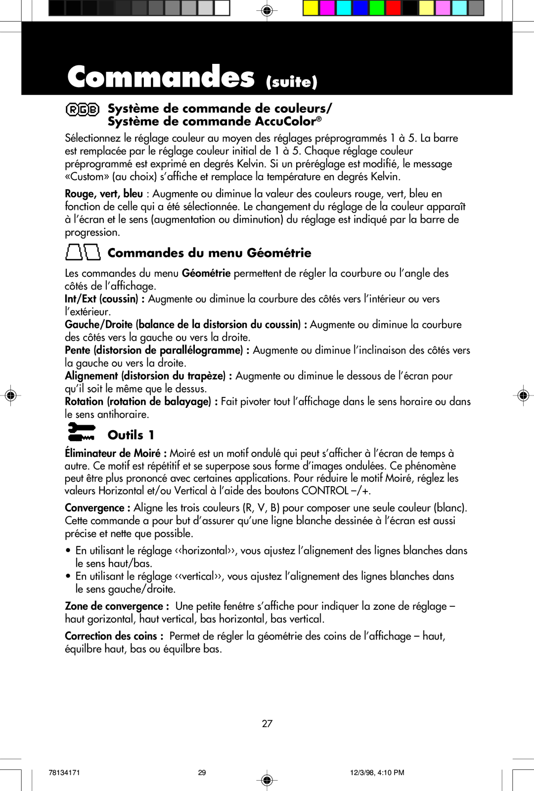 NEC JC-1946UMW, JC-2241UMW user manual Commandes suite, Commandes du menu Géométrie, Outils 