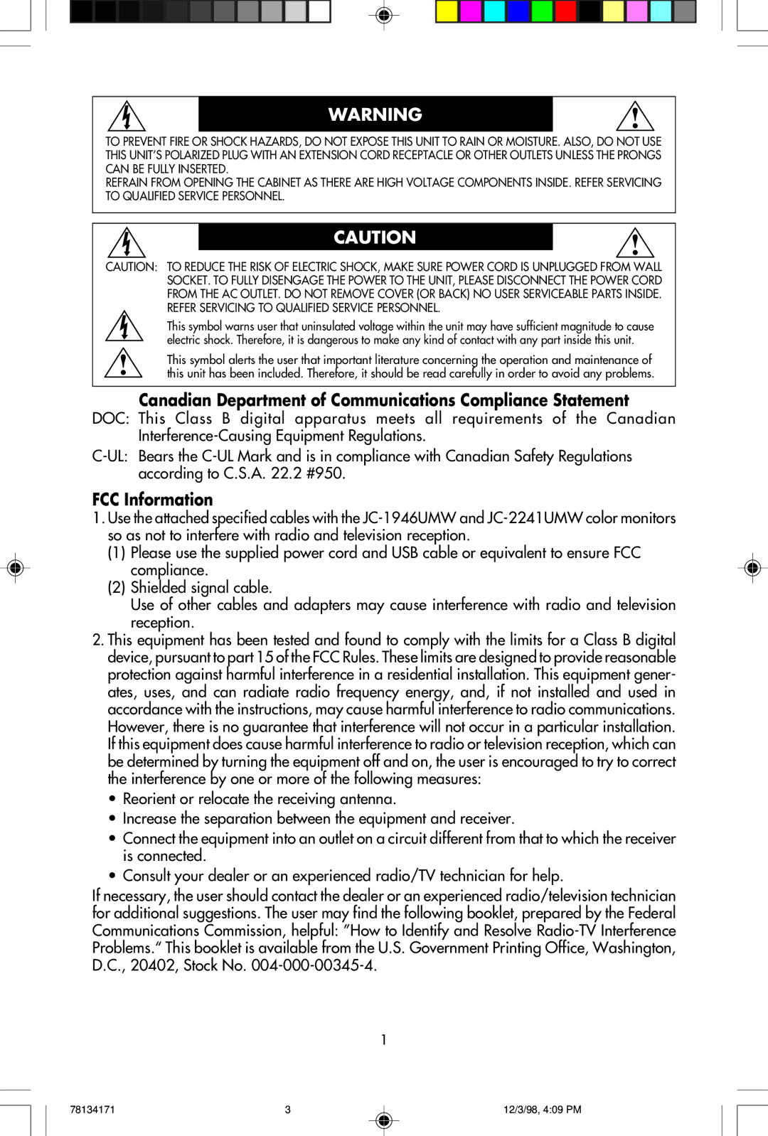 NEC JC-1946UMW, JC-2241UMW user manual Canadian Department of Communications Compliance Statement, FCC Information 