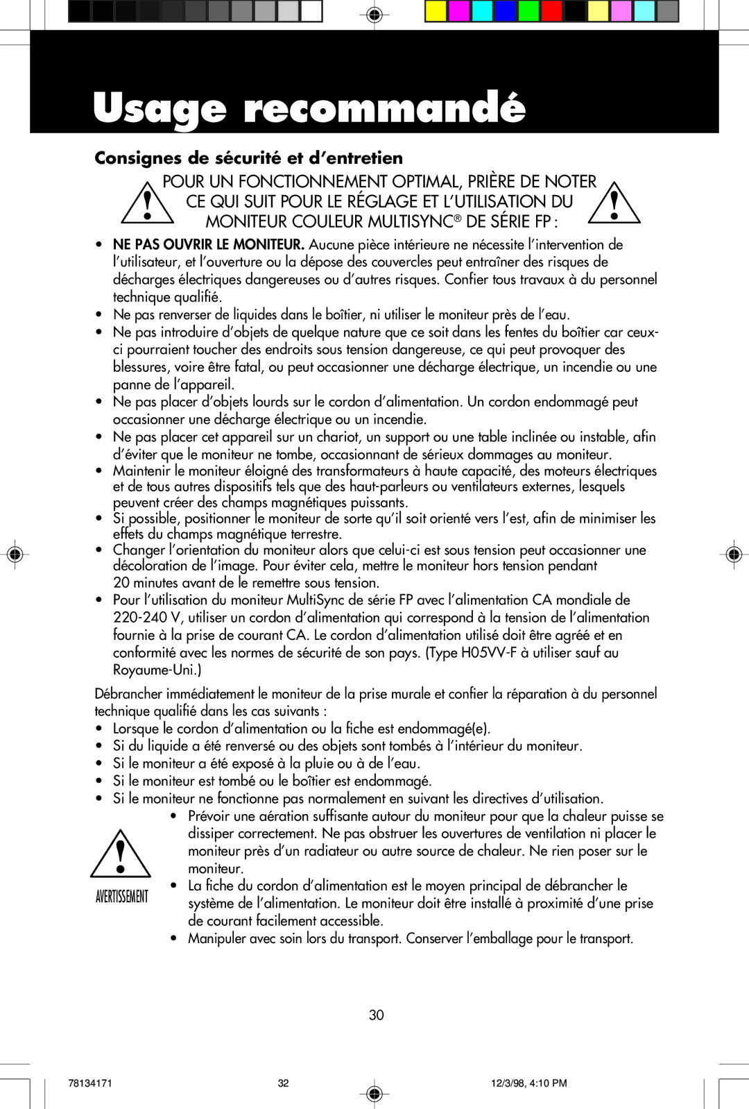 NEC JC-2241UMW, JC-1946UMW user manual Usage recommandé, Consignes de sécurité et d’entretien 