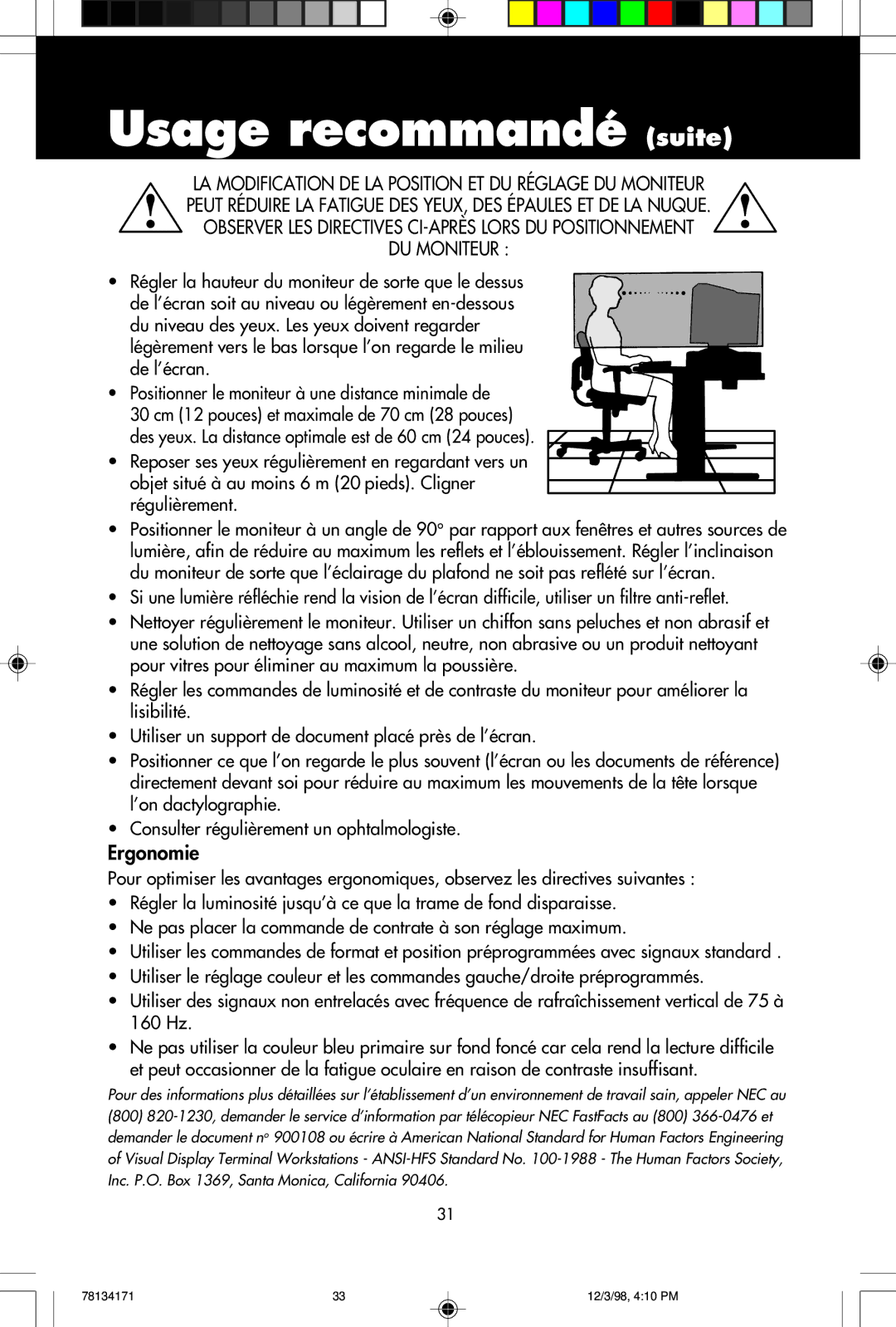 NEC JC-1946UMW, JC-2241UMW user manual Usage recommandé suite, Ergonomie 