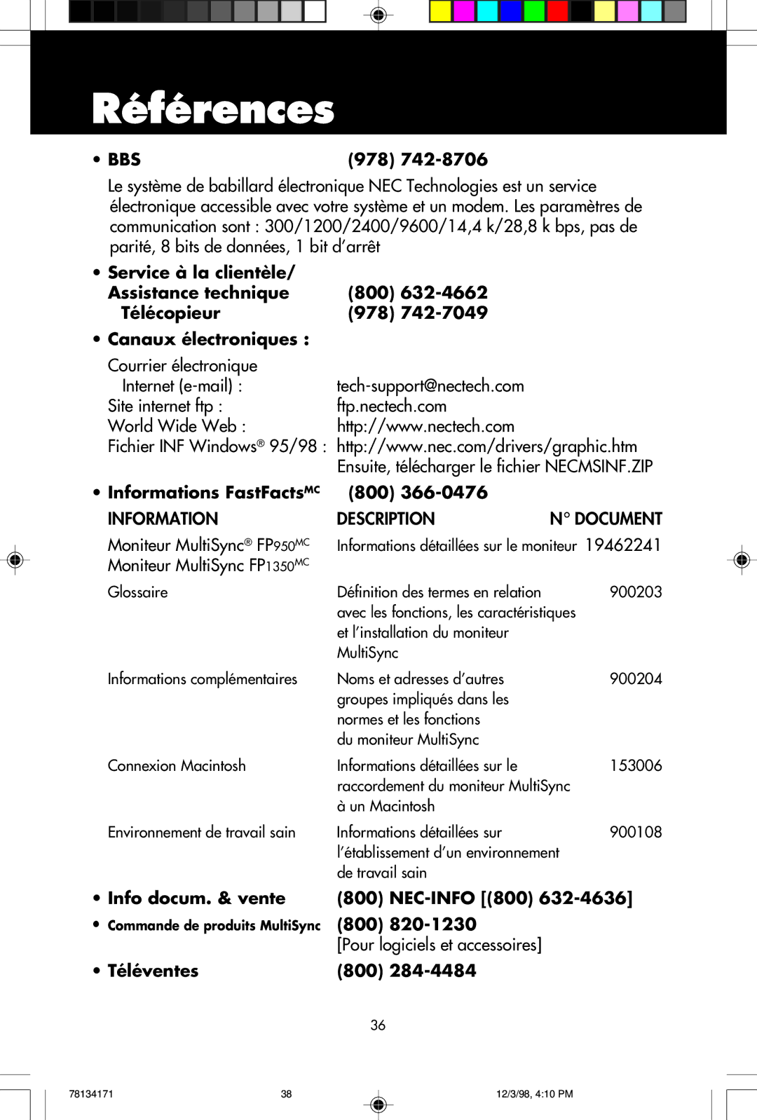 NEC JC-2241UMW, JC-1946UMW Références, Informations FastFactsMC 800, Info docum. & vente NEC-INFO 800, Téléventes 800 