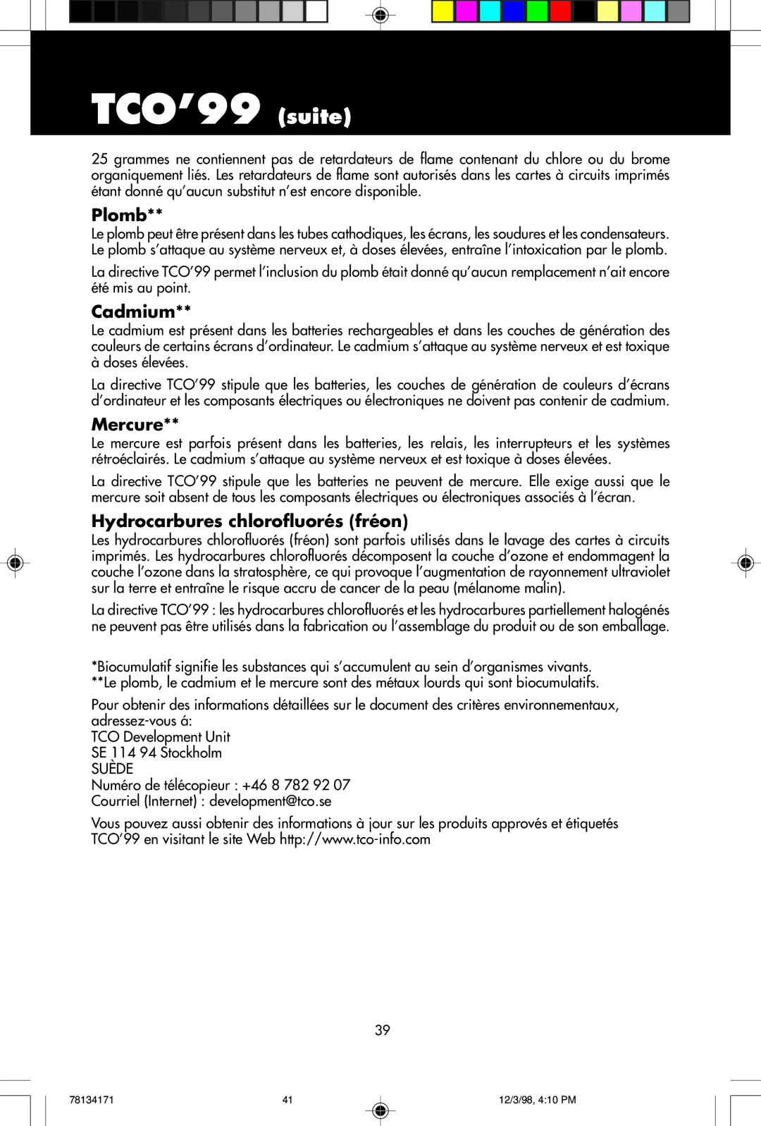 NEC JC-1946UMW, JC-2241UMW user manual TCO’99 suite, Plomb, Cadmium, Mercure, Hydrocarbures chlorofluorés fréon 