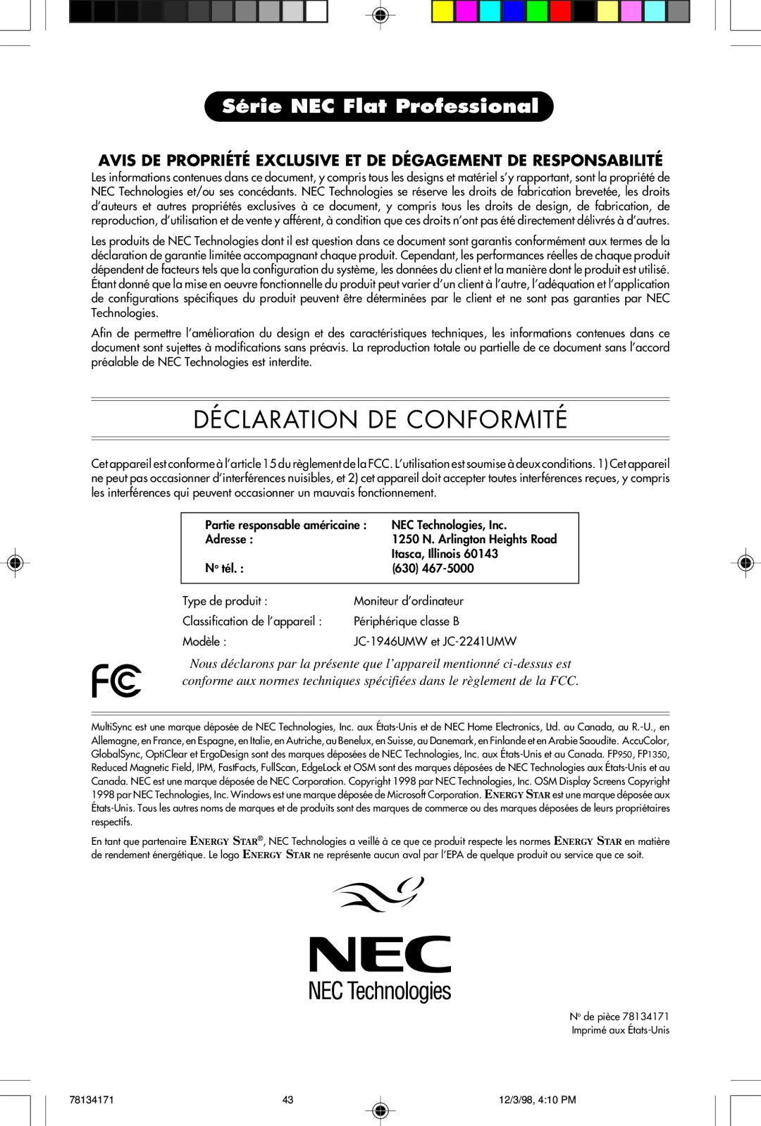 NEC JC-1946UMW, JC-2241UMW user manual Déclaration DE Conformité 