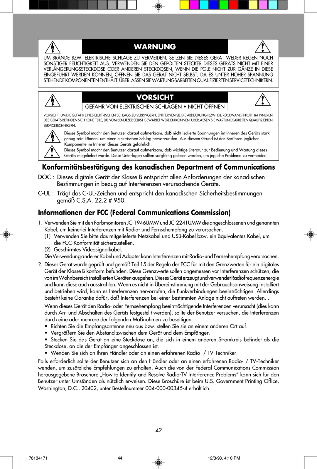 NEC JC-2241UMW, JC-1946UMW user manual Warnung, Informationen der FCC Federal Communications Commission 