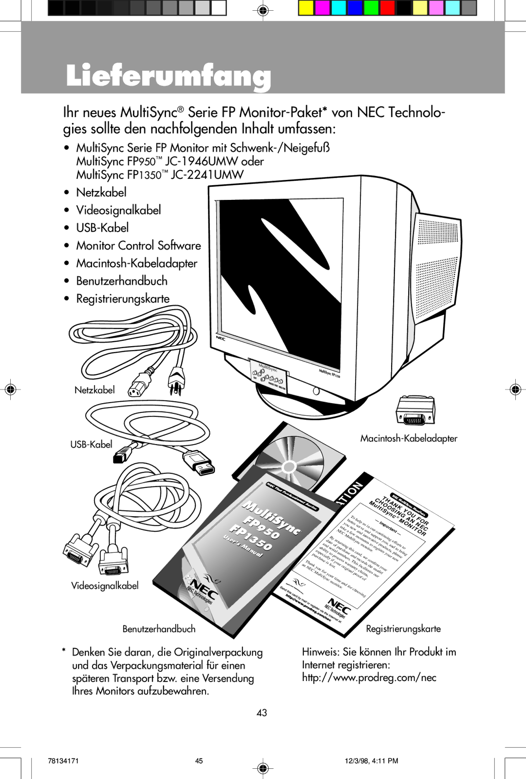 NEC JC-1946UMW, JC-2241UMW user manual Lieferumfang, Benutzerhandbuch 