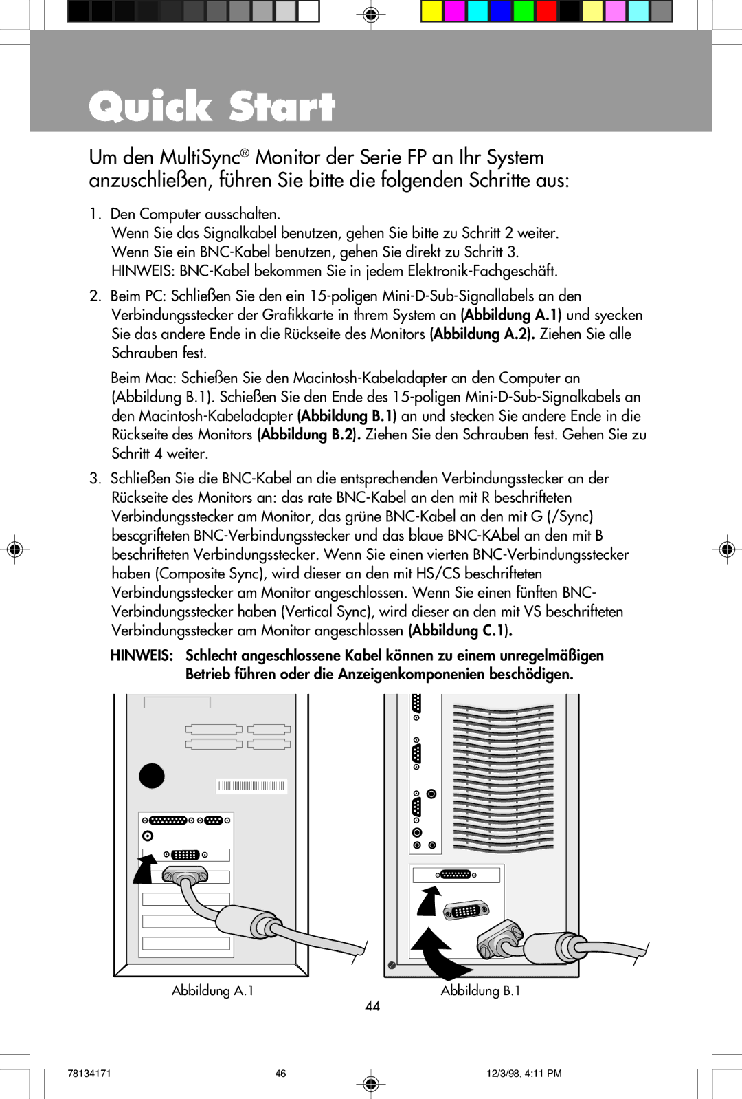 NEC JC-2241UMW, JC-1946UMW user manual Quick Start, Den Computer ausschalten 