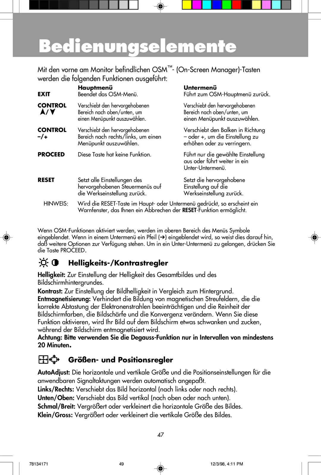 NEC JC-1946UMW, JC-2241UMW user manual Bedienungselemente, Helligkeits-/Kontrastregler, Größen- und Positionsregler 