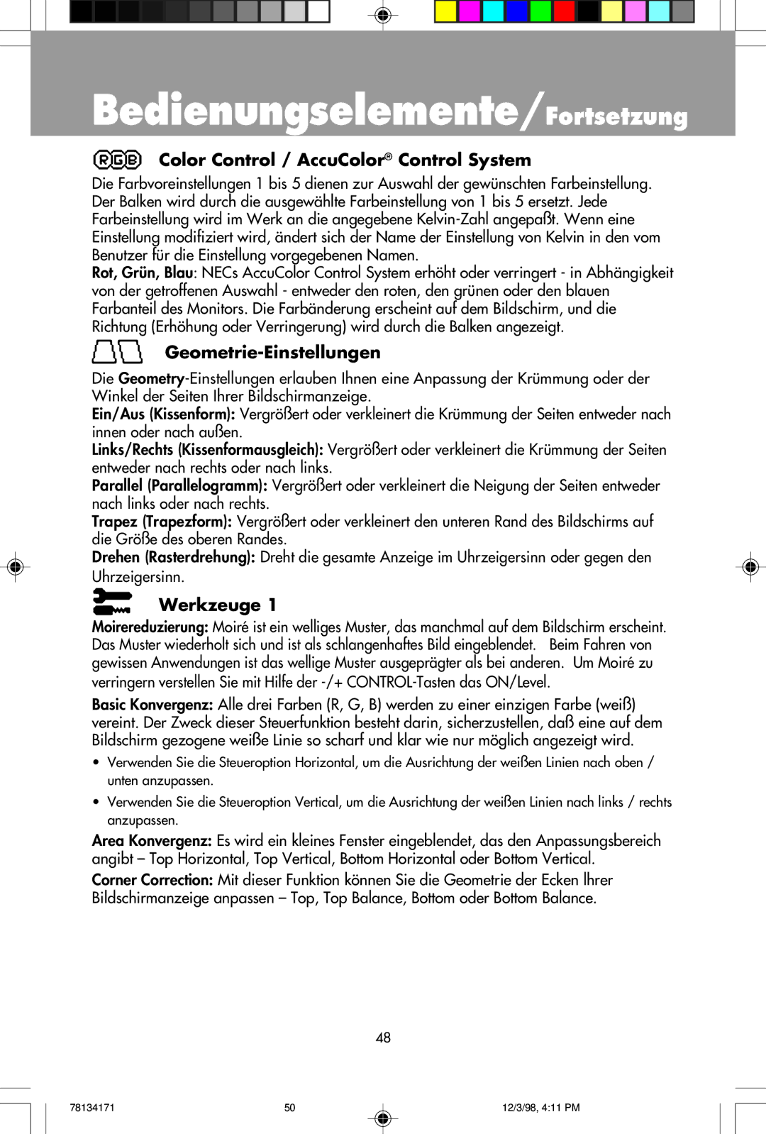 NEC JC-2241UMW Bedienungselemente/Fortsetzung, Color Control / AccuColor Control System, Geometrie-Einstellungen 