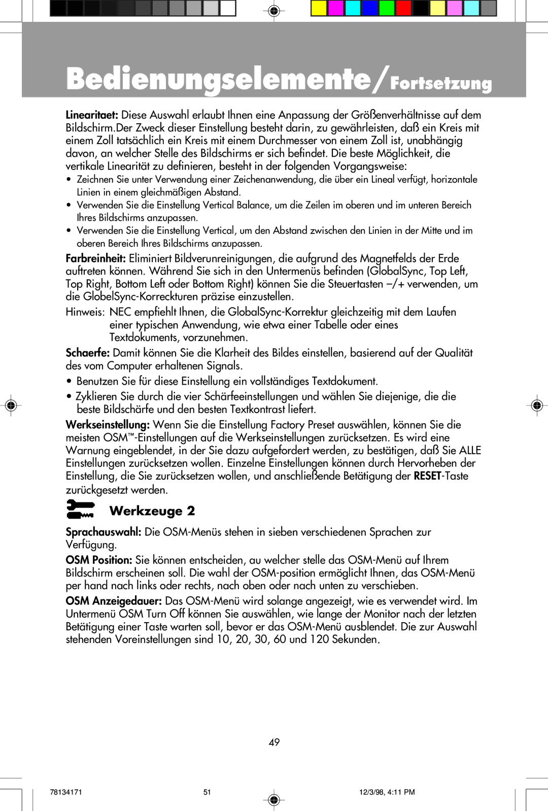 NEC JC-1946UMW, JC-2241UMW user manual Bedienungselemente/Fortsetzung 