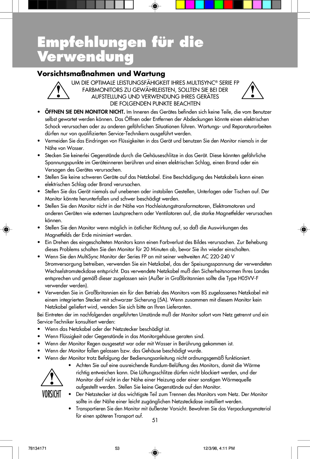 NEC JC-1946UMW, JC-2241UMW user manual Empfehlungen für die Verwendung, Vorsichtsmaßnahmen und Wartung 