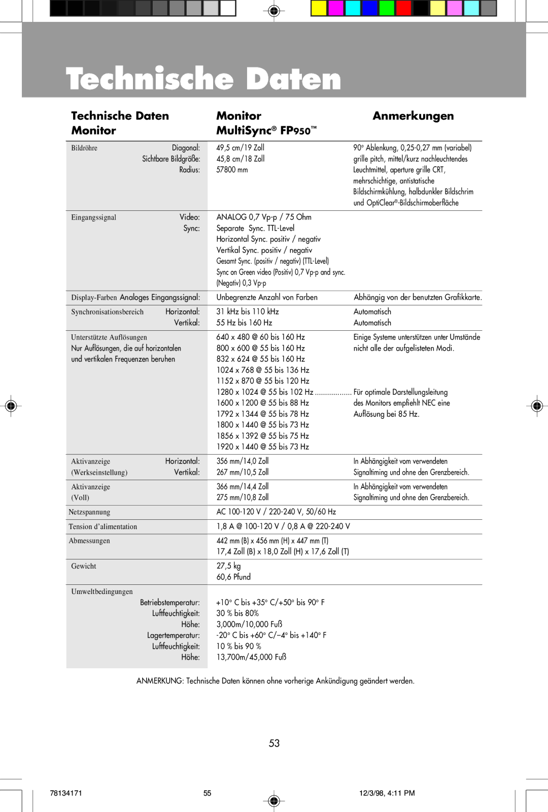 NEC JC-1946UMW, JC-2241UMW user manual Technische Daten Monitor Anmerkungen MultiSync FP950 