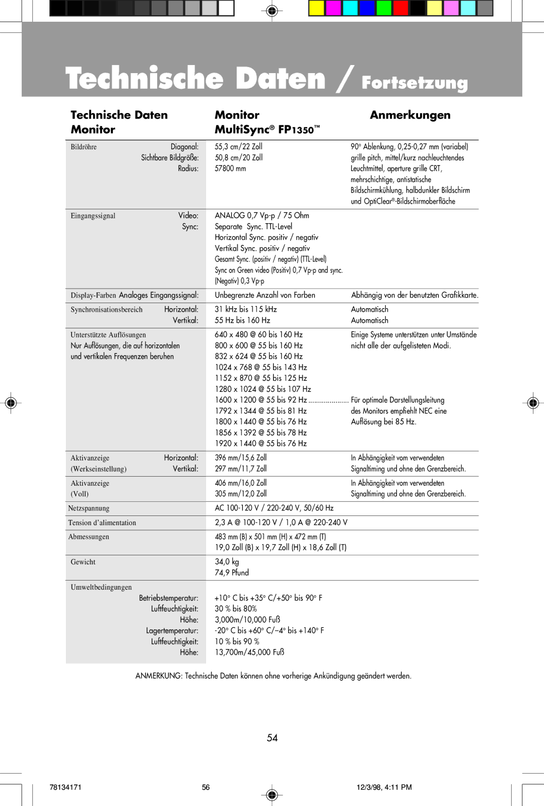 NEC JC-2241UMW, JC-1946UMW user manual Technische Daten / Fortsetzung, Technische Daten Monitor Anmerkungen MultiSync FP1350 