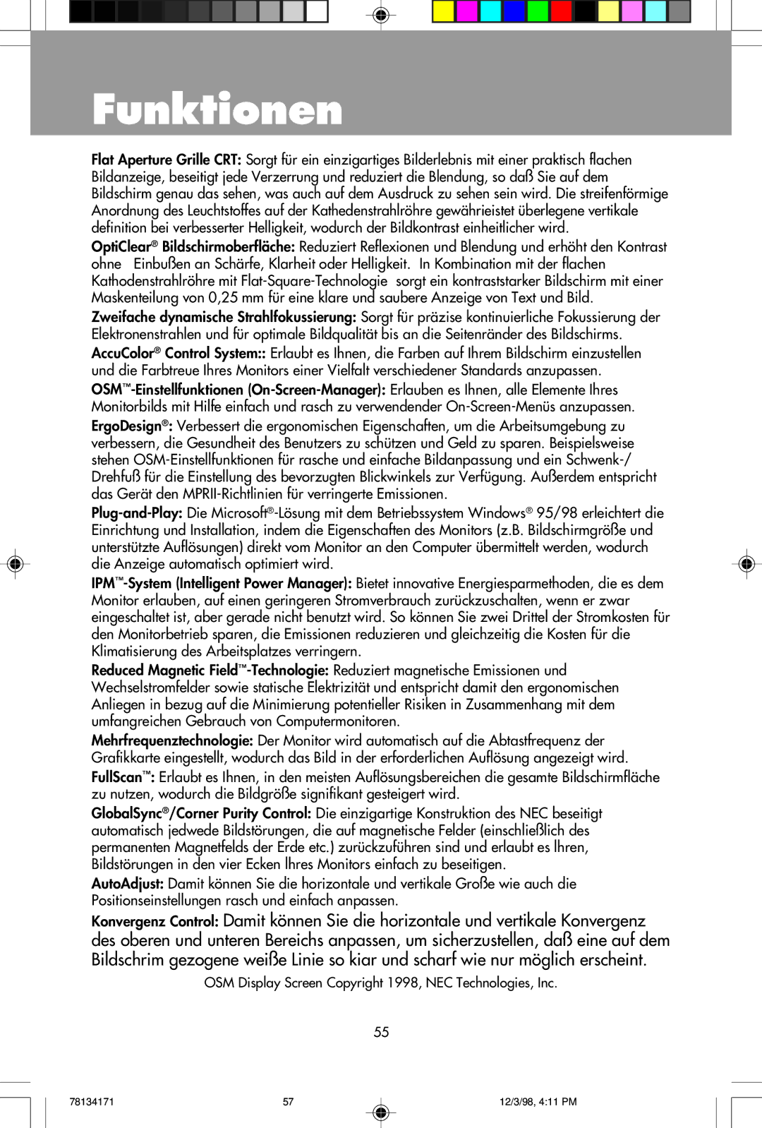 NEC JC-1946UMW, JC-2241UMW user manual Funktionen 