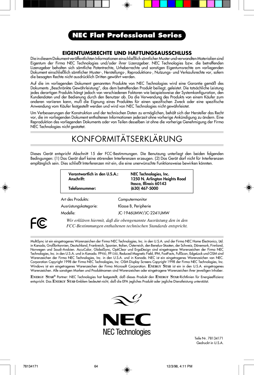 NEC JC-2241UMW, JC-1946UMW user manual Konformitätserklärung 