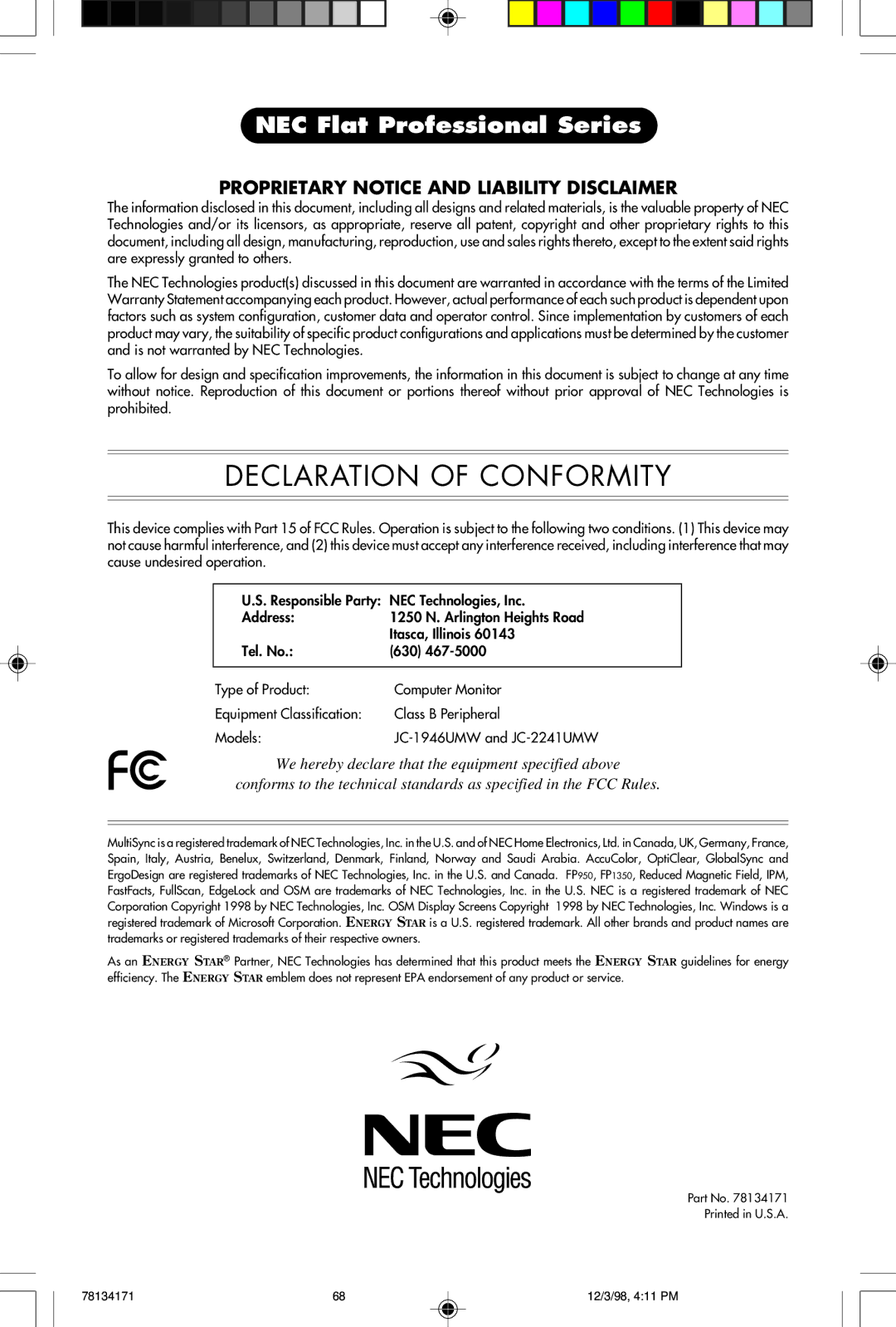 NEC JC-2241UMW, JC-1946UMW user manual Declaration of Conformity 