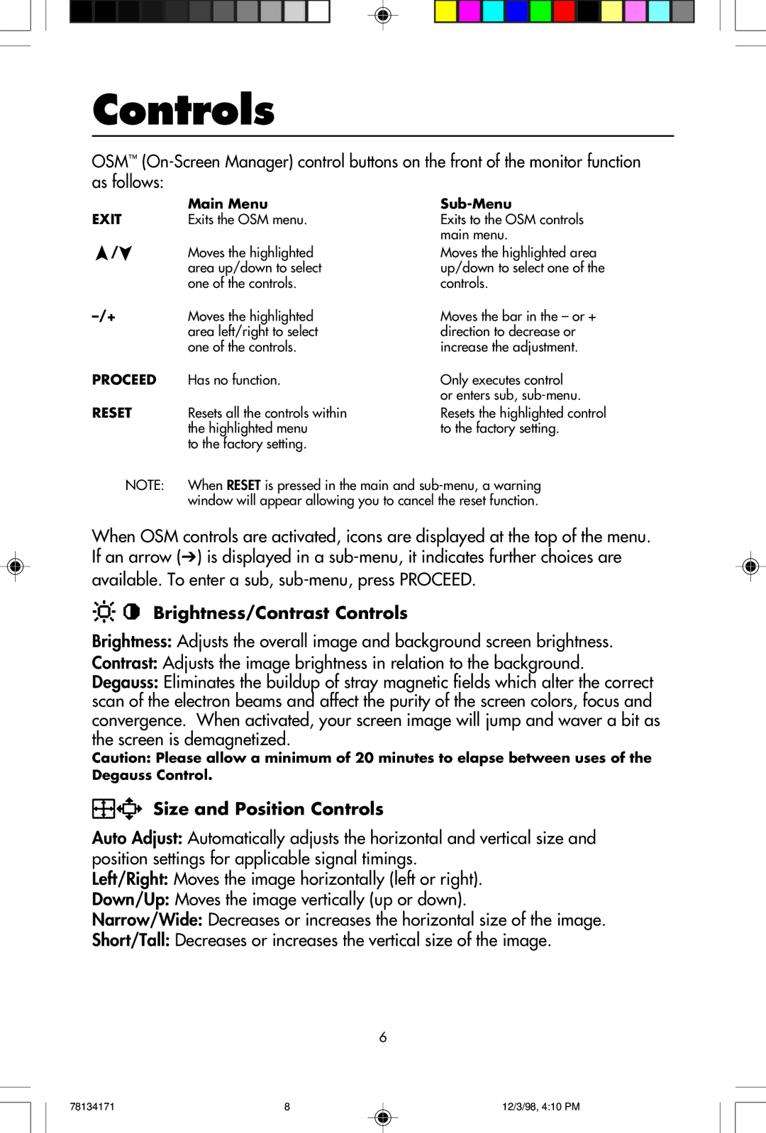 NEC JC-2241UMW, JC-1946UMW user manual Brightness/Contrast Controls, Size and Position Controls 