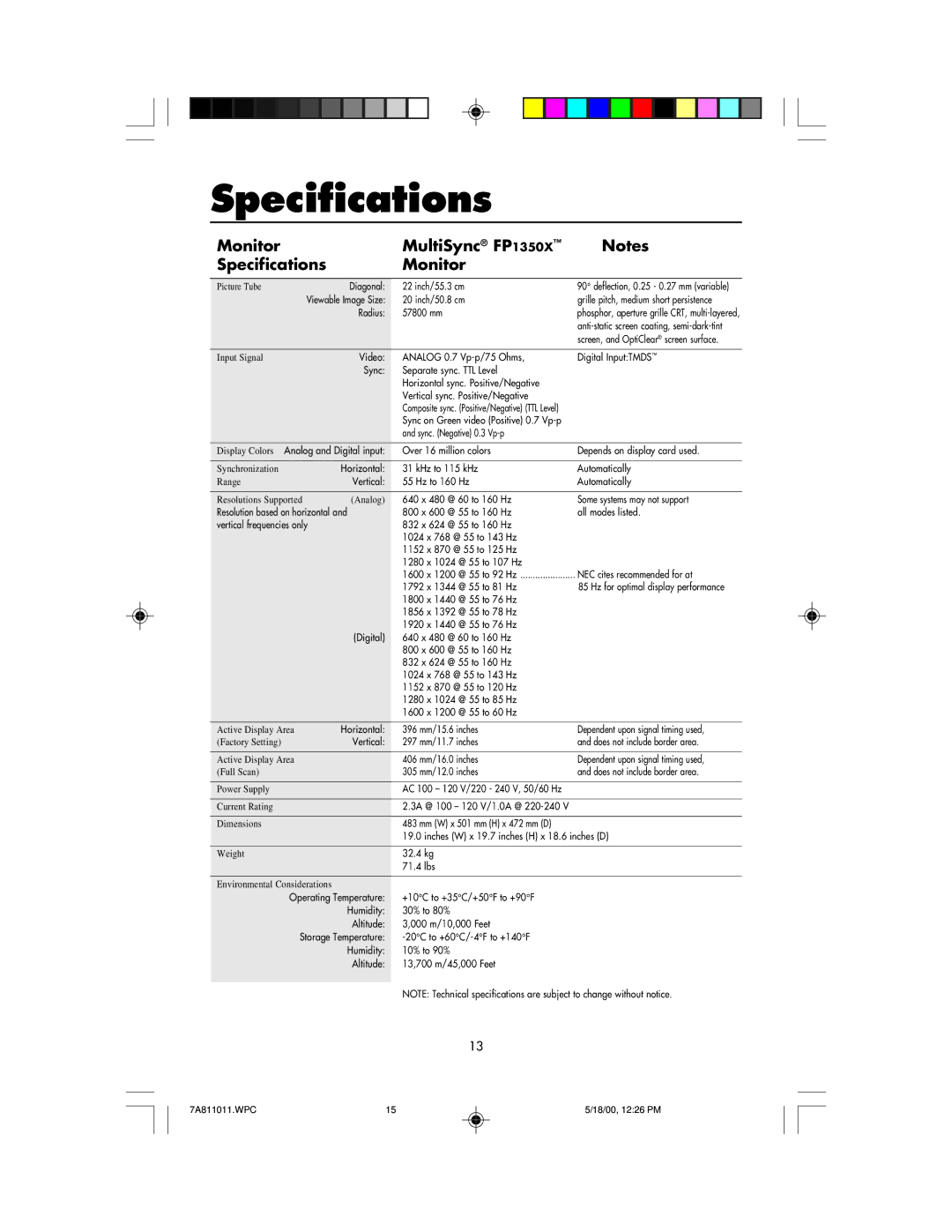 NEC JC-22W72 manual Monitor MultiSync FP1350X Specifications 