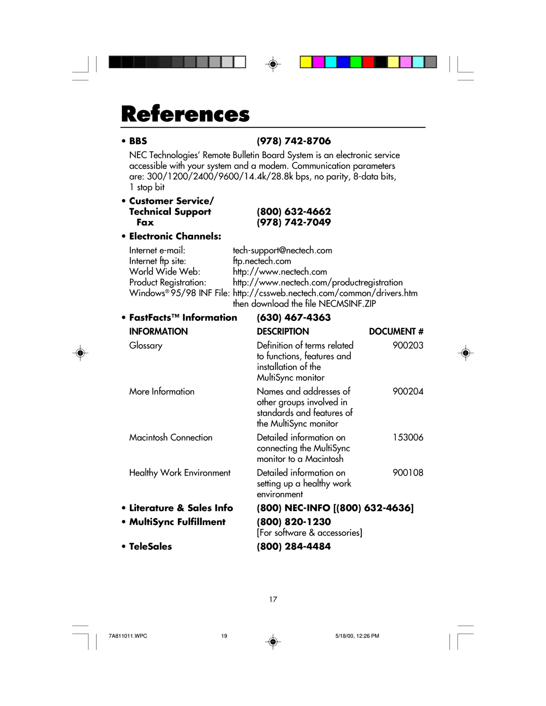 NEC FP1350X manual References, 978, FastFacts Information 630, Literature & Sales Info NEC-INFO 800 MultiSync Fulfillment 