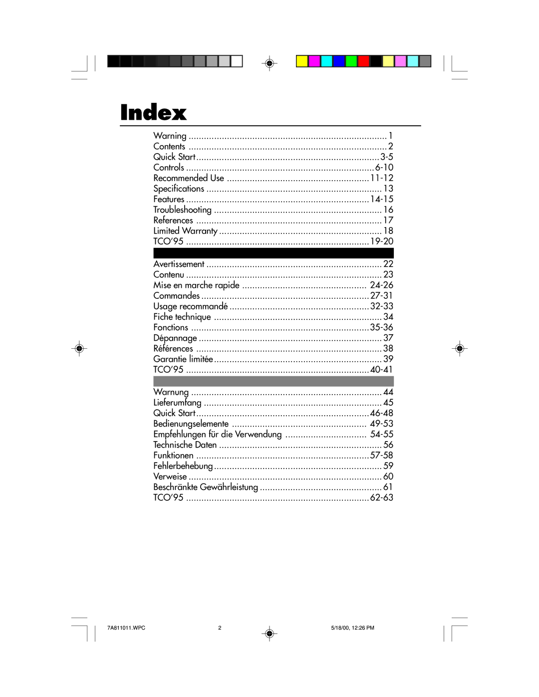 NEC JC-22W72, FP1350X manual Index, 62-63 