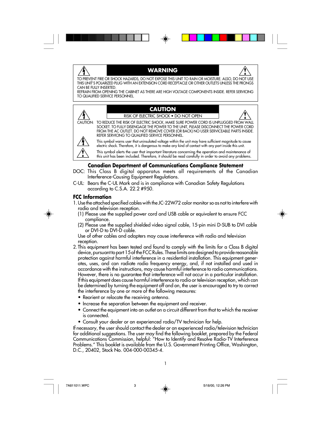 NEC FP1350X, JC-22W72 manual Canadian Department of Communications Compliance Statement, FCC Information 