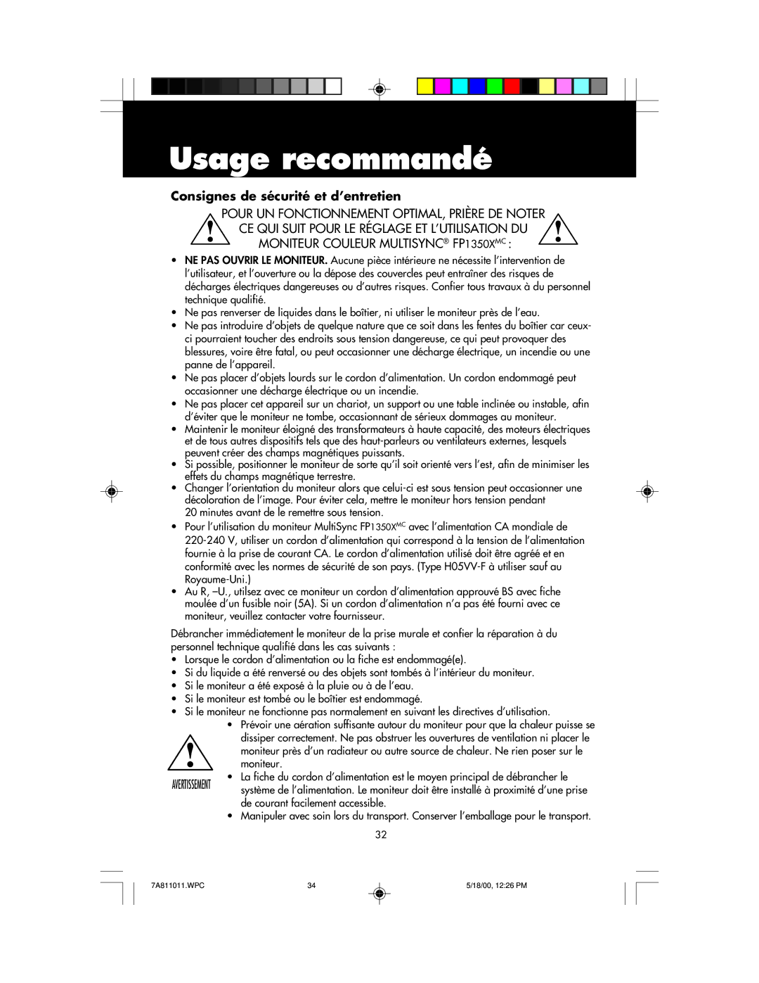 NEC JC-22W72, FP1350X manual Usage recommandé, Consignes de sécurité et d’entretien 