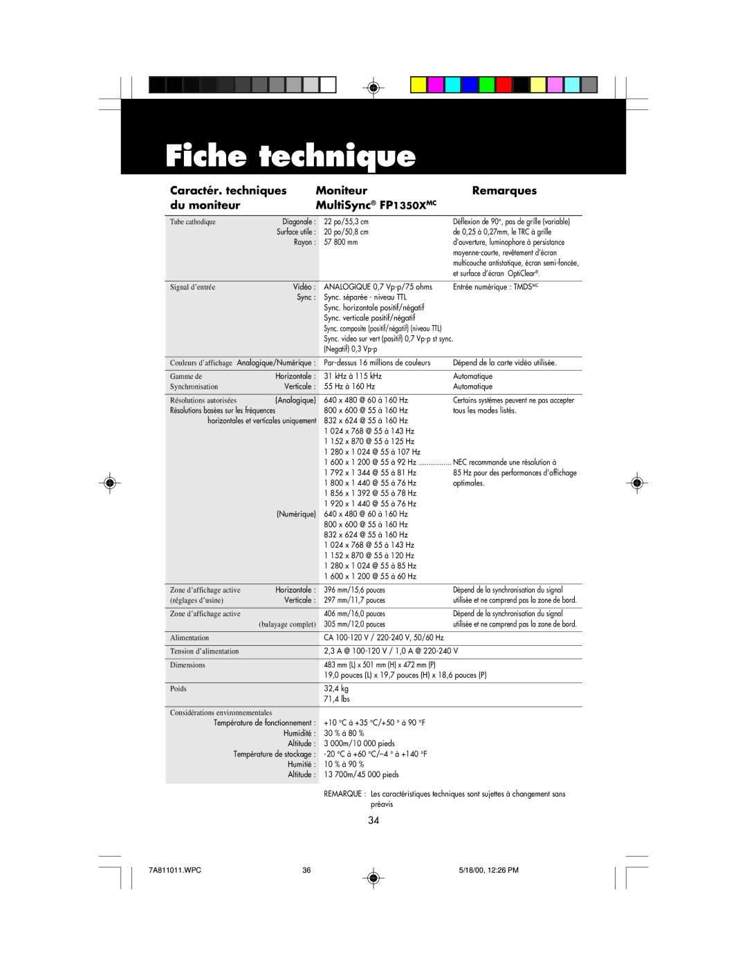 NEC JC-22W72, FP1350X manual Fiche technique, 305 mm/12,0 pouces 