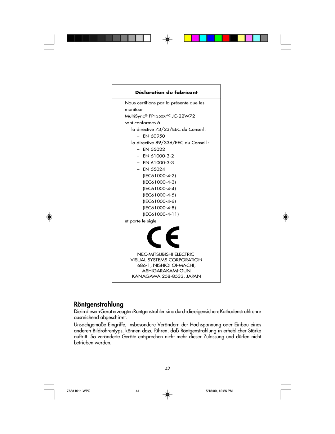 NEC JC-22W72, FP1350X manual Déclaration du fabricant 