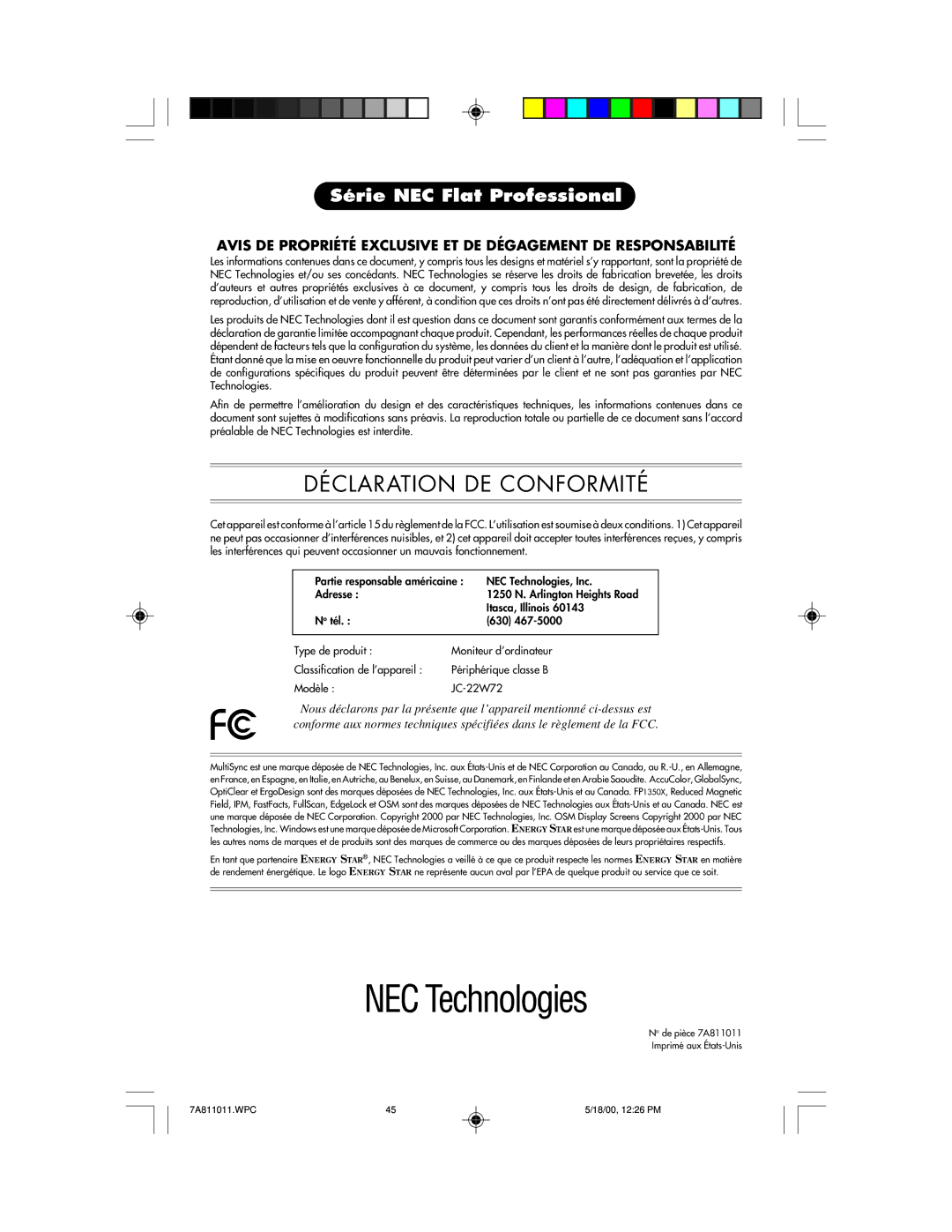 NEC FP1350X, JC-22W72 manual Déclaration DE Conformité 