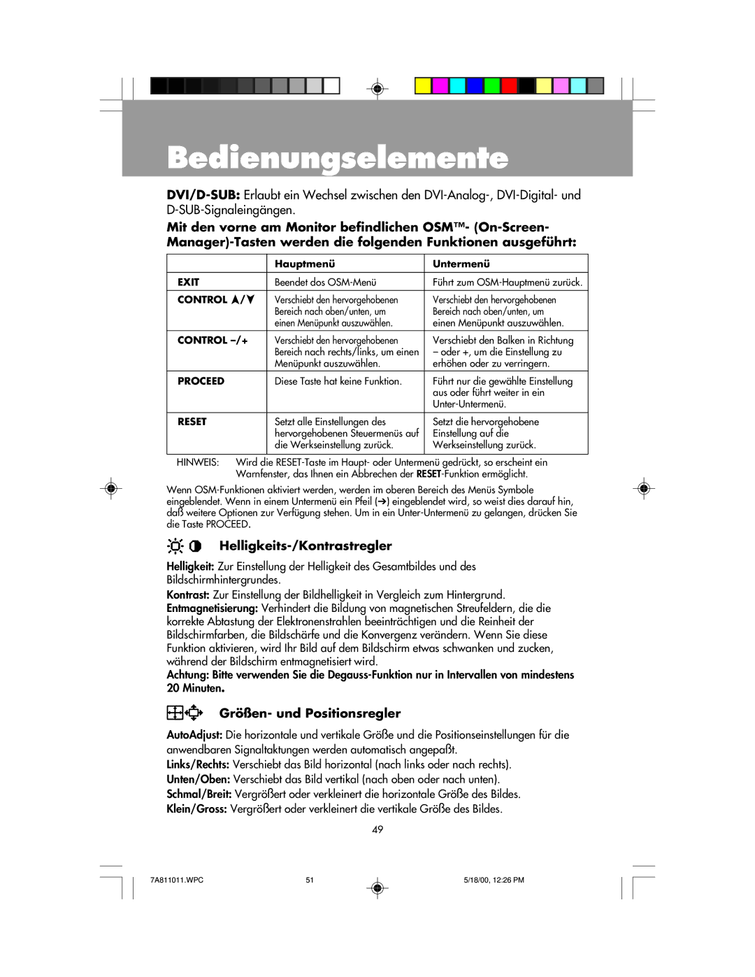 NEC FP1350X, JC-22W72 manual Bedienungselemente, Helligkeits-/Kontrastregler, Größen- und Positionsregler 