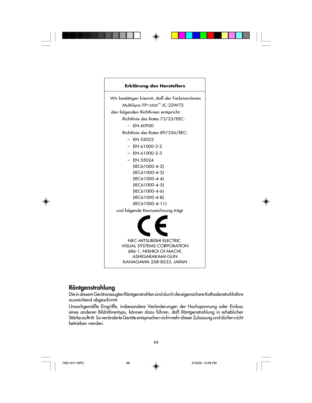 NEC JC-22W72, FP1350X manual Erklärung des Herstellers 