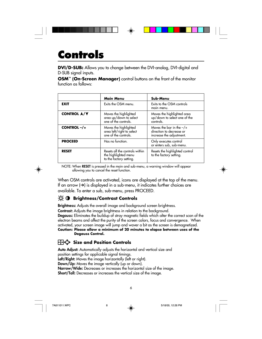 NEC JC-22W72, FP1350X manual Brightness/Contrast Controls, Size and Position Controls 