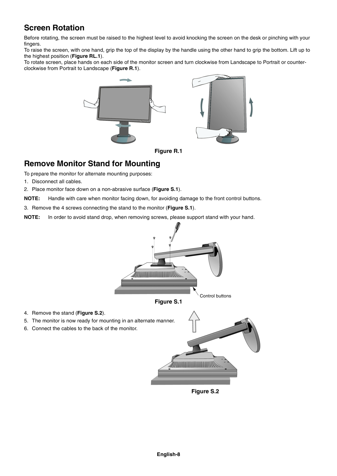 NEC L227HR user manual Screen Rotation, Remove Monitor Stand for Mounting, Figure R.1, Figure S.1, Figure S.2, English-8 