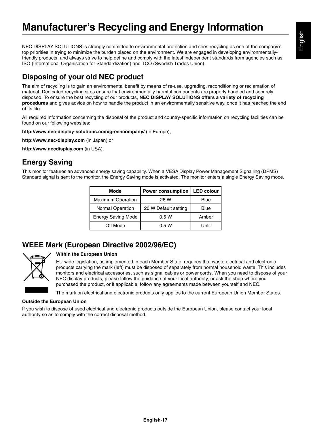 NEC L227HR Manufacturer’s Recycling and Energy Information, Disposing of your old NEC product, Energy Saving, English 