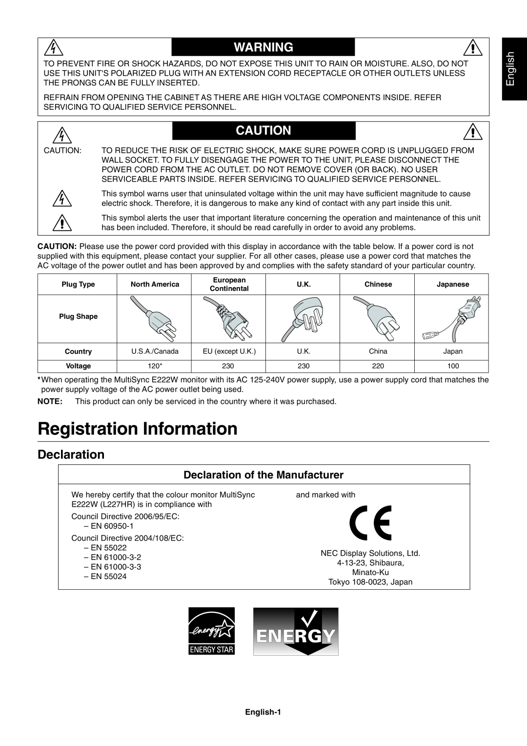 NEC L227HR user manual Registration Information, Declaration of the Manufacturer, English-1 