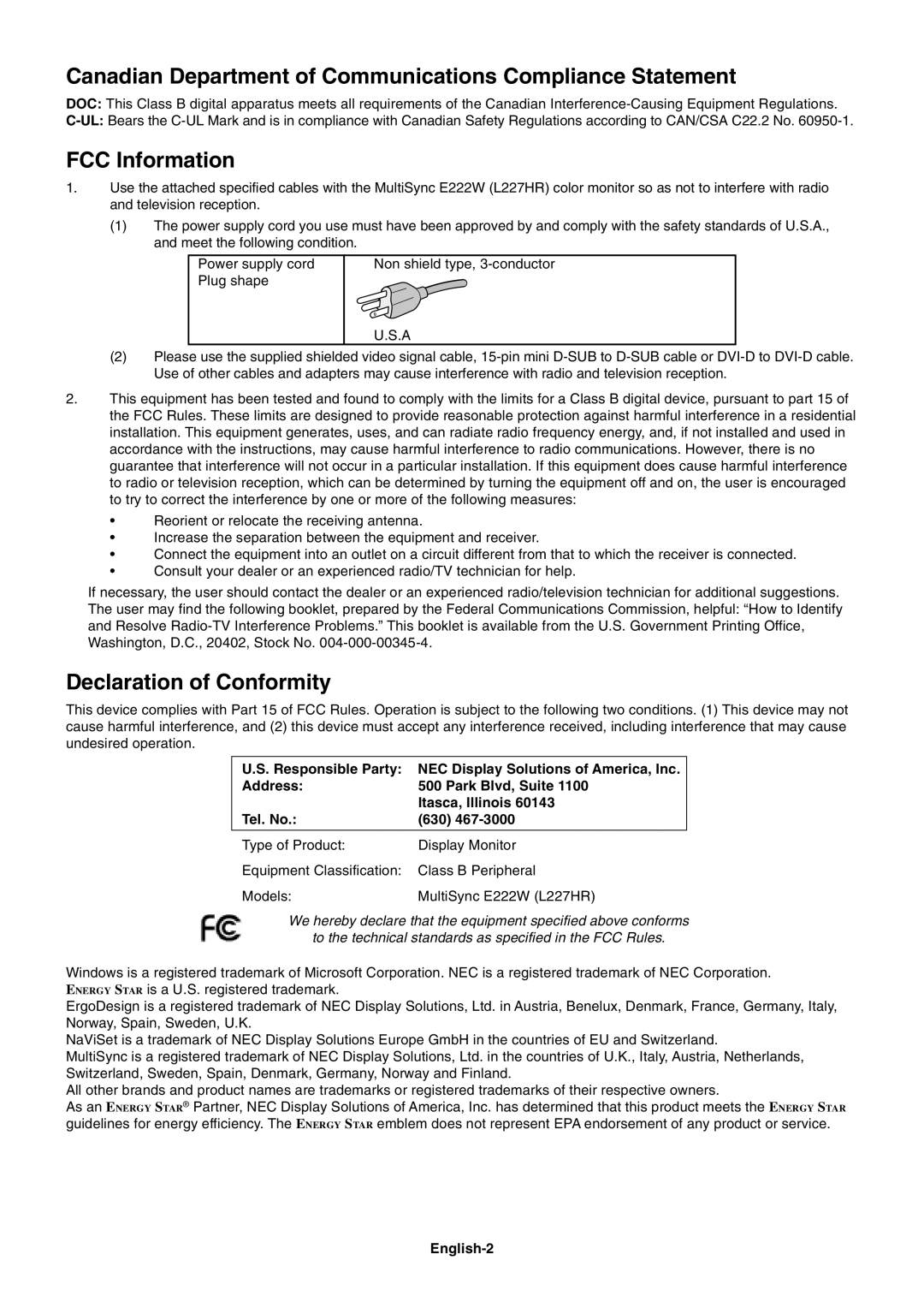 NEC L227HR Canadian Department of Communications Compliance Statement, FCC Information, Declaration of Conformity, Address 
